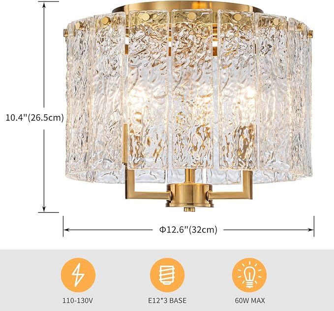 LumFurn 3-Light Modern Ceiling Light for Living Room, Bedroom, Foyer, Kitchen, Close to Ceiling Flushmount Light Fixture, D12.6 x H10.4 in, Handmade Glass Shade & Gold Finish Frame