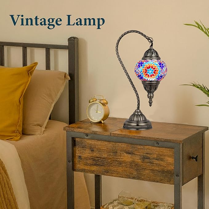Marrakech Stained Glass Lamp Moroccan Lamps with Tiffany Style, Handmade Turkish Mosaic Lamps with Swan Neck Bronze Base Including LED Bulb for Living Room Bedroom Decor (Colorful2)