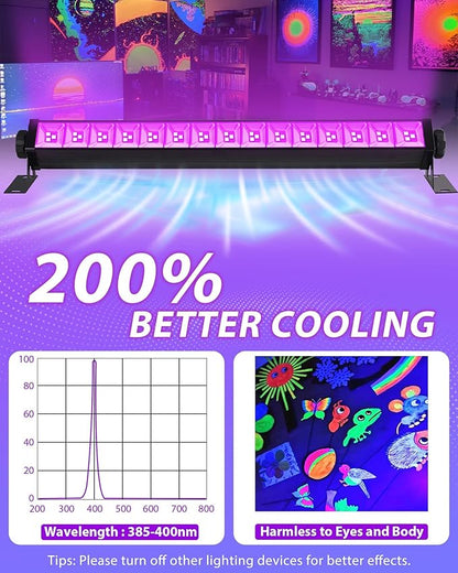 10 Pack LED Black Light Bar, Blacklight Flood Light with Plug & Switch & Power Cord, Each Light Up 24x24ft Area, for Glow Fluorescent Party Bedroom Game Room Body Paint Stage