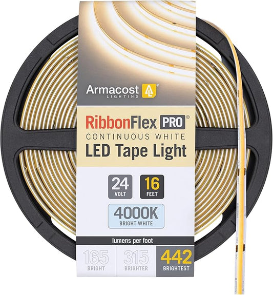Armacost Lighting RibbonFlex Pro 24V White COB LED Strip Light Tape 4000K, 442 Lumens/Ft, 5M 173330