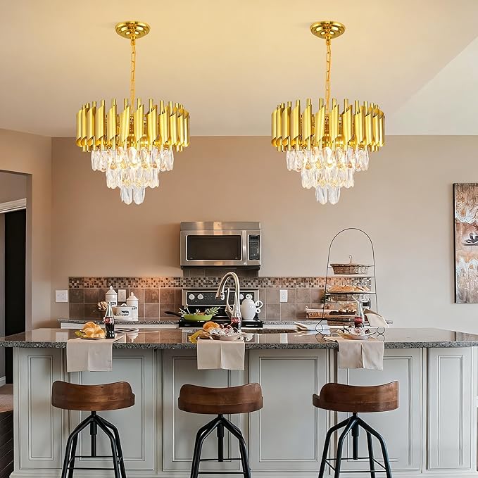 Modern 16-inch Gold Crystal Chandelier, 3-Tier Dimmable Ceiling Pendant Light with Adjustable Chain, Round Flush Mount for Dining Room, Living Room, Bedroom, Kitchen, Foyer