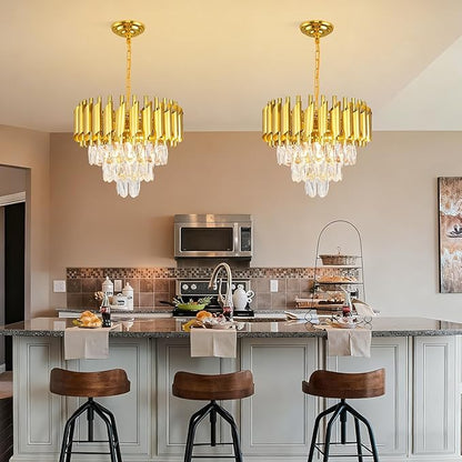 Modern 16-inch Gold Crystal Chandelier, 3-Tier Dimmable Ceiling Pendant Light with Adjustable Chain, Round Flush Mount for Dining Room, Living Room, Bedroom, Kitchen, Foyer