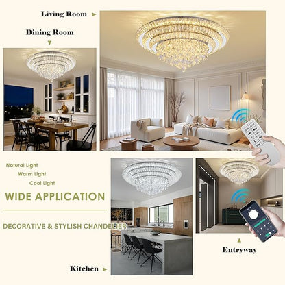 30 inch Crystal Silver Ceiling-Light Flush Mount With Remote Control and APP, 3CCT Dimmable & Brightness Adjustable, Modern Crystal Raindrop Chandeliers for Bedroom Hallway Dinning Room Living Room