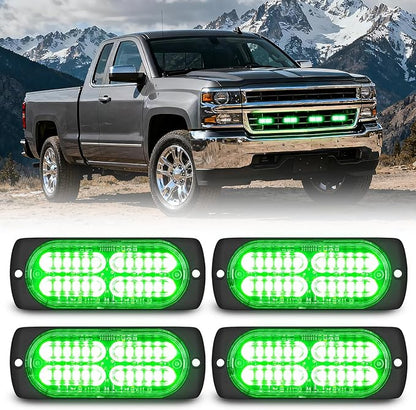 Nilight 4PCS 24LED Emergency Strobe lights 12V 24V Green Surface Mount Grille Hazard Safety Warning Light Sync Feature Side Flashing Marker Flash for Car Truck Campers