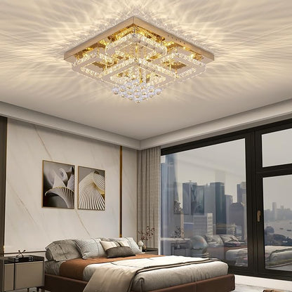 24 inch Flush Mount Chandelier Crystal Ceiling Light with Remote Control/APP, 3CCT Dimmable&Brightness Adjustable, Modern Crystal Raindrop Gold Chandeliers for Bedroom Hallway Dinning Room Living Room