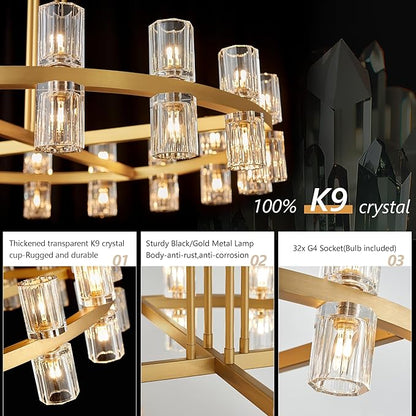 36" Gold Wagon Wheel Crystal Chandelier for Dining Room Over Table, Modern Round K9 Crystal Ceiling Chandelier Pendant Light Ideal for Living Room Entryway Foyer