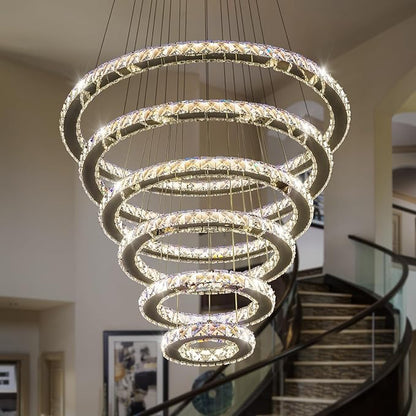 Dimmable Crystal LED Chandelier(3000-6500K) for High Ceiling – Remote Control, Adjustable Height, Modern Stainless Steel Fixture for Foyer, Staircase, Living Room(Chrome 6-Ring)