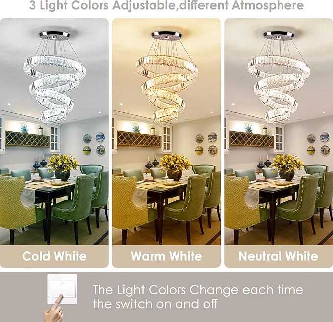 Modern Crystal Chandeliers 4 Ring LED Crystal Pendant Light DIY Adjustable High Chandelier for Dining Room Living Room Bedroom 3 Color Changeable