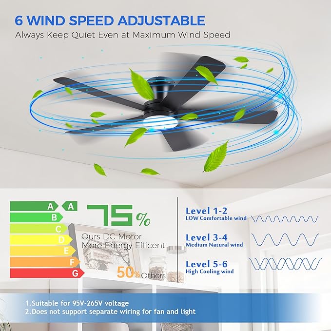 Ayaoty 46" Ceiling Fans with Lights and Remote - Black Flush Mount Ceiling Fan Light with ABS Blades and 3CCT Dimmable, Reversible, Low Profile Fan Light for Indoor Modern Bedroom, Kitchen