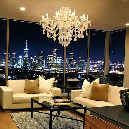 18-Light Double Layer Crystal Chandelier Transparent Modern Ceiling Pendant Light with K9 Crystal for Living Room Dining Room Bedroom Kitchen (Clear 18)