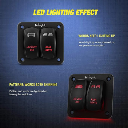 Nilight 2 Gang Rocker Switch Panel LED Light Bar Switch Rear Lights Switch 12 24V DC Red Switches 5Pin ON Off Pre Wired Toggle Switch Panel for Cars ATVs UTVs,2 Years Warranty