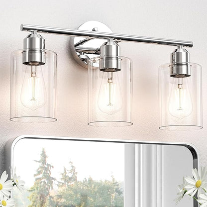 Bathroom Vanity Light Fixtures Polished Chrome Bathroom Lighting Fixture, 3 Lights Bathroom Light Fixture Over Mirror, Modern Black Vanity Light, Wall Sconces with Glass Shades