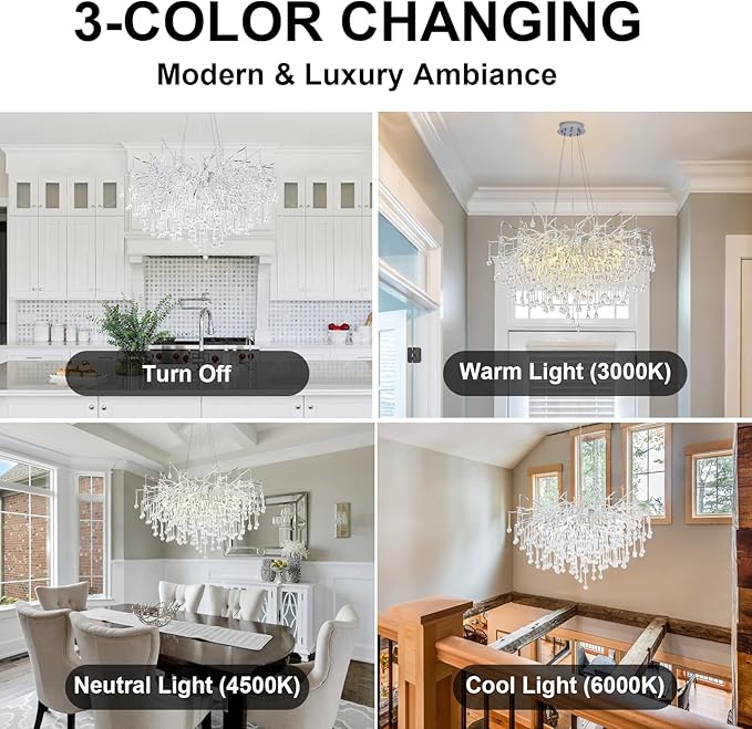 Chandeliers for Dining Room - 31.5" Modern Silver Crystal Chandelier, Round Tree Branch Raindrop Chandelier, Foyer Chandeliers for Entryway, Living Room,Bedrooms,Bathroom(Bulb not Included)