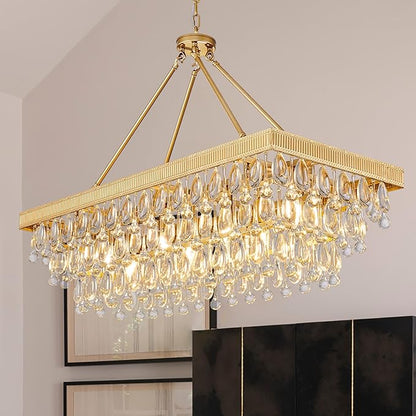 TOCHIC Crystal Dining Room Chandelier Over Table, Gold Linear Rectangle Chandelier 7 Lights Modern Farmhouse High Ceiling Light Fixture for Kitchen Island, Living Room, Entryway, 38" L