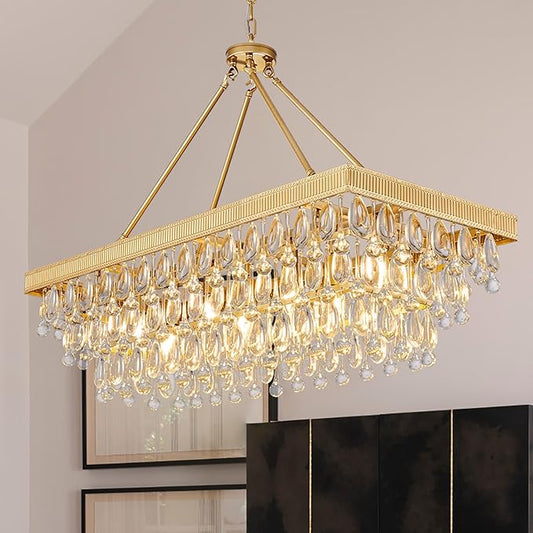 TOCHIC Crystal Dining Room Chandelier Over Table, Gold Linear Rectangle Chandelier 7 Lights Modern Farmhouse High Ceiling Light Fixture for Kitchen Island, Living Room, Entryway, 38" L