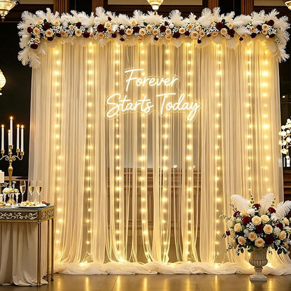 10×12ft Champagne Tulle Backdrop Curtain with Lights String for Parites Sheer Fabric Backdrop Curtains for Wedding Baby Shower Birthday Party Backdrop Drapes Bridal Shower Photo Shoot Background