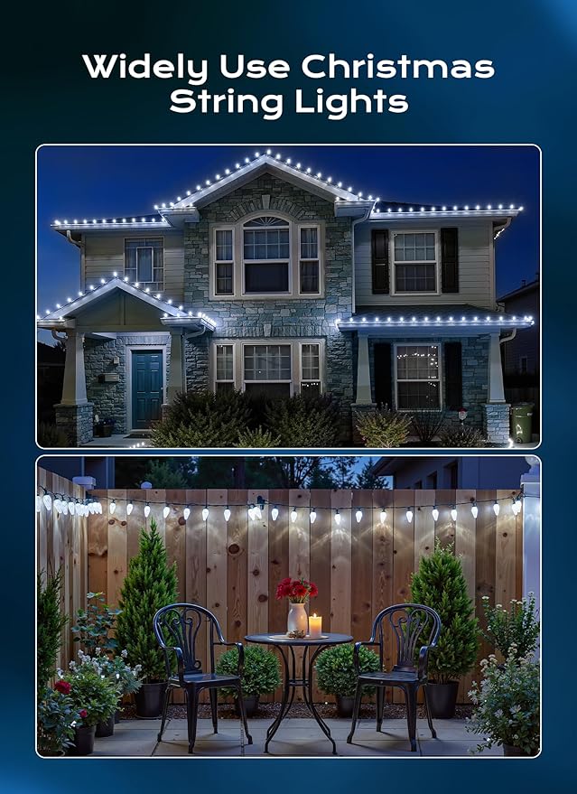 Minetom C9 Christmas Lights Outdoor, 82 FT 100 LED Connectable C9 String Lights with 8 Modes and Timer Extendable Xmas Tree Patio Roofline Garden Yard Holiday Party Indoor Outdoor Decoration, White