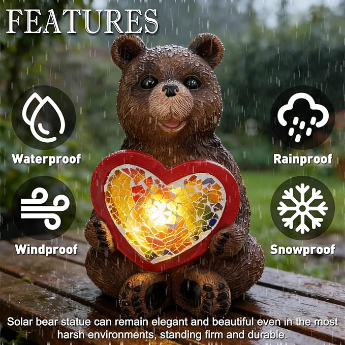Solar Bear Garden Statues Decor for Outdoor, Brown Bear Figurine Lights for Lawn Patio Yard Decoration - Unique Christmas Housewarming Gift for Grandma Wowen Mom