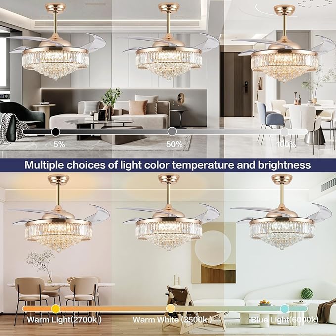DuMaiWay 52" Dimmable Chandelier Ceiling Fan with Lights,Retractable Crystal Fandelier Ceiling Fan with APP Control for Bedroom Living Room Polished Gold 6 Speed