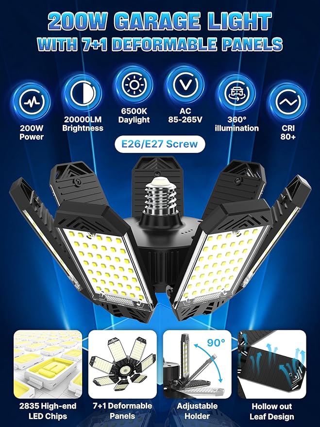 LED Garage Light 200W, 6 Pack 20000LM 6500K Garage Lights Ceiling Led with 7 Deformable Panels, Screw in E26/E27 Socket Shop Light for Workshop Basement Barn Bay Lighting