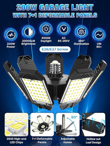 LED Garage Light 200W, 6 Pack 20000LM 6500K Garage Lights Ceiling Led with 7 Deformable Panels, Screw in E26/E27 Socket Shop Light for Workshop Basement Barn Bay Lighting
