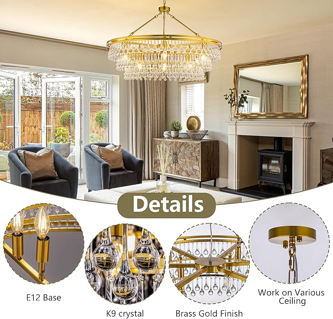 Wellmet 12 Light Large Crystal Chandelier, 38in Brass Gold Round Modern Luxury Raindrop Ceiling Light for Dining Room, Living Room， Bedroom, Kitchen, Entryway, Hallway, Staircase, Foyer