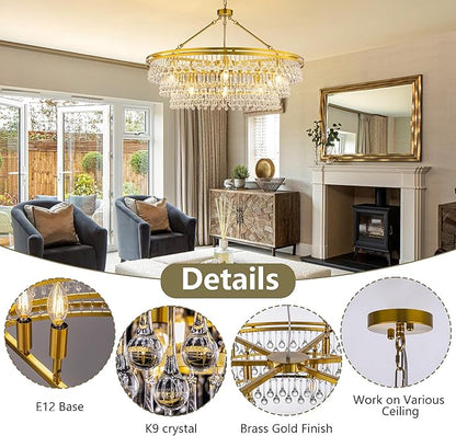 Wellmet 12 Light Large Crystal Chandelier, 38in Brass Gold Round Modern Luxury Raindrop Ceiling Light for Dining Room, Living Room， Bedroom, Kitchen, Entryway, Hallway, Staircase, Foyer