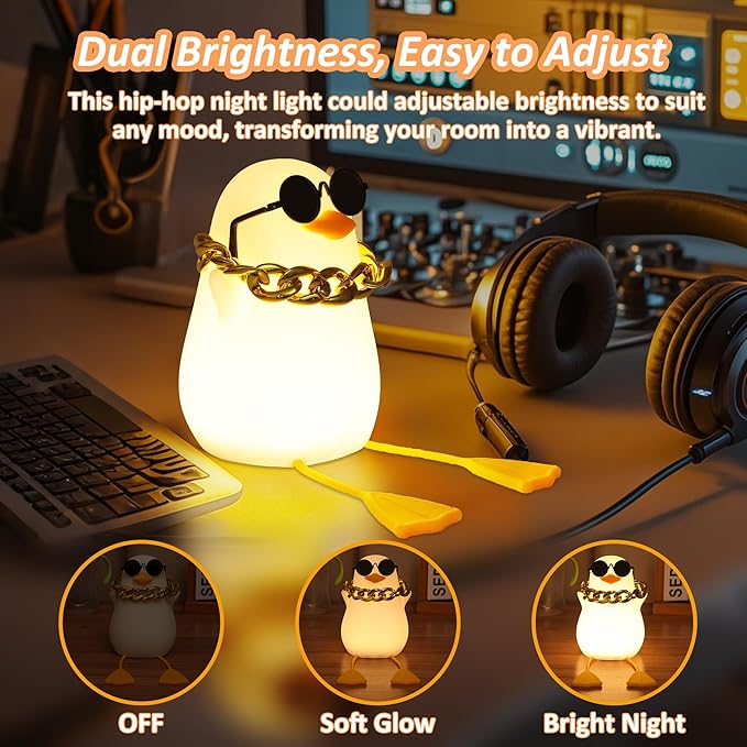 Anywin Duck Night Light for Kids, Cute Benson Ducks Gifts, Squishy Touch Silicone Animal Nursery Bedside Lamp Goose Gifts, Dimmer & Rechargeable, Birthday Gifts for Boys Girls Women Teen(Hip Hop Duck)