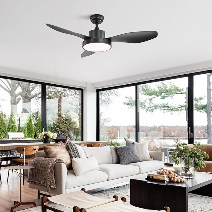 Sofucor 48 Inch Ceiling Fan with Lights Flush Mount Modern Outdoor Ceiling Fans with Remote,3 CCT Dimmable Quiet DC Motor & Timer for Patio/Bedroom/Farmhouse/Indoor (Black, 48 Inch/Remote Control)