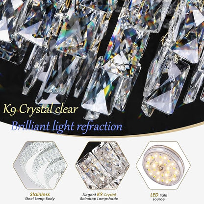 30 inch Crystal Silver Ceiling-Light Flush Mount With Remote Control and APP, 3CCT Dimmable & Brightness Adjustable, Modern Crystal Raindrop Chandeliers for Bedroom Hallway Dinning Room Living Room