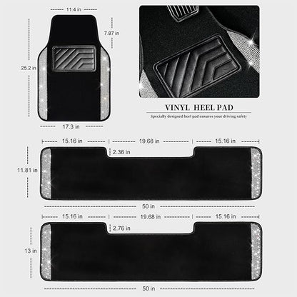 CAR PASS 3 Row Bling Diamond Car Mats Shining Carpet Rhinestones Sparkly Glitter Floor Mats Anti-Slip PVC Heel Pad Universal for Automotive SUV,Sedan,Van, 3rd Row 2 Rear for Girl Women, Black Silver