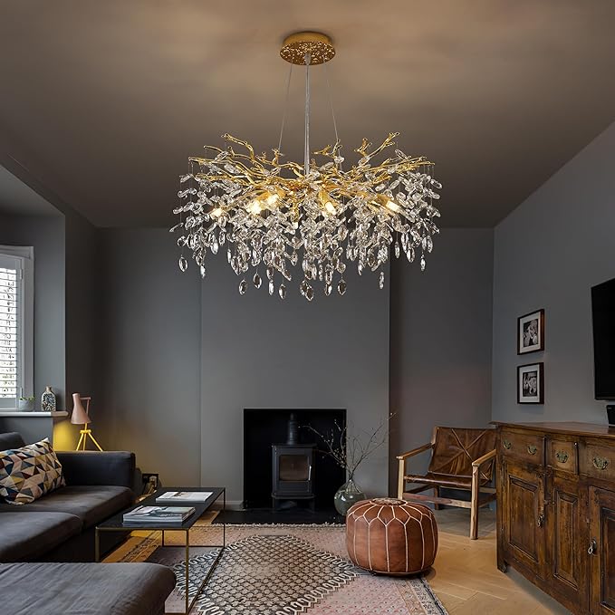 Crystal Tree Branches Chandeliers Luxury Round Gold Hanging Pendant Light 10 Lights for Dining Room Bedroom Living Room Entryway 30.5"