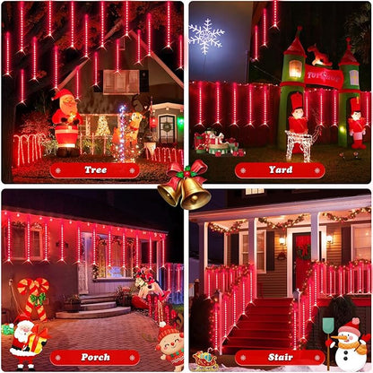 JMEXSUSS Red Solar Christmas Lights Outdoor, 8 Tube 144 LEDs Solar Meteor Shower Rain Lights, Red Twinkle Light for Tree Eaves Fence Christmas Decorations