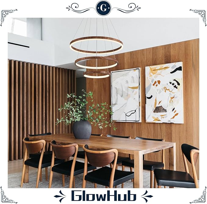 GlowHub 3-Rings Modern LED Chandelier, Wood Grain Round Dimmable Pendant Lighting with Remote Control Circular Hanging Light High Ceiling for Dining Room Kitchen Foyer, 3000K-6500K D20’’