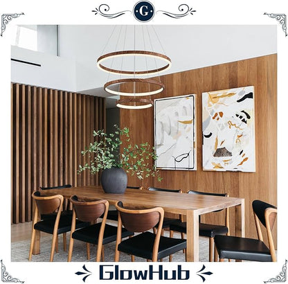 GlowHub 3-Rings Modern LED Chandelier, Wood Grain Round Dimmable Pendant Lighting with Remote Control Circular Hanging Light High Ceiling for Dining Room Kitchen Foyer, 3000K-6500K D20’’