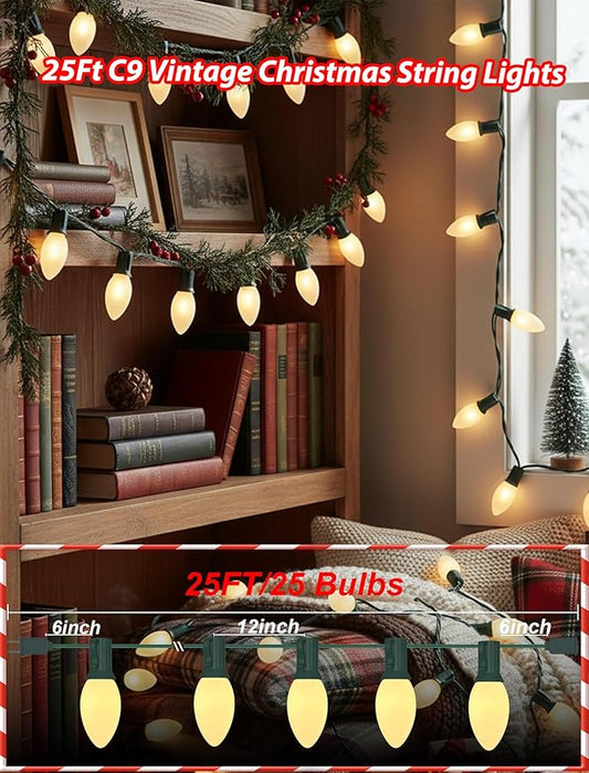 25ft Warm White Christmas Lights Outdoor,Frosted White Christmas Lights with 26 Incandescent Bulbs(1 Spare),Hanging Vintage Christmas Light for Patio Holidays Christmas Tree Decor