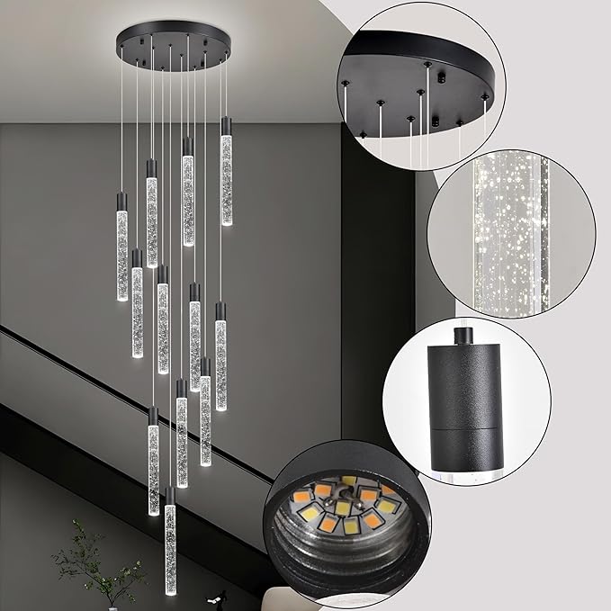 12-Lights Bubble Chandelier for Entryway High Ceiling-137 Height Adjustable Crystal Chandelier,3 Color Temperature Dimmable LED Pendant Light Fixture for Foyer Living Room Staircase,Matte Black