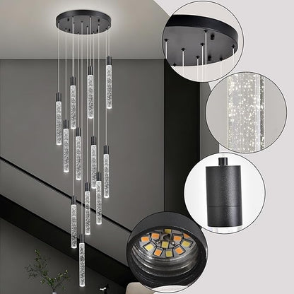 12-Lights Bubble Chandelier for Entryway High Ceiling-137 Height Adjustable Crystal Chandelier,3 Color Temperature Dimmable LED Pendant Light Fixture for Foyer Living Room Staircase,Matte Black