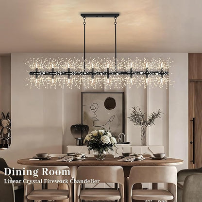 Chandeliers for Dining Room 59" Linear Crystal Chandeliers Light Fixture Firework Dandelion Sputnik Chandelier Long Black Crystal Branch Pendant Light for Kitchen Island Living Room Dining Table