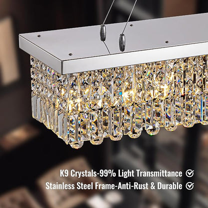 59-inch Modern Crystal Chandelier,13-Light K9 Crystal Rectangle Chandelier for Dining Room,Kitchen Island Adjustable Hanging Pendant Light Fixture,Chrome Finish