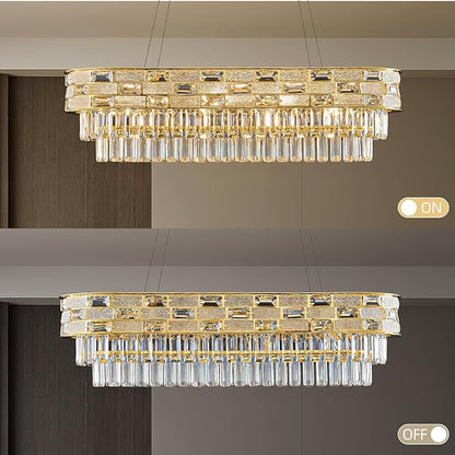 Large Oval K9 Crystal Chandelier - Luxury Modern 3 Tier Linear Crystals Chandeliers - 15 Lights Brushed Gold Pendant Light Fixture for Dining Room Kitchen Island Entryway Bar Living Room - L34.3 Inch