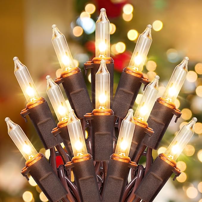 YOUNGAR 13FT 50 Clear Christmas Lights Outdoor, Approved Christmas Tree Lights with Brown Wire, Incandescent Mini Light Plug in for Indoor Outdoor Tree Patio Garden Xmas Decor