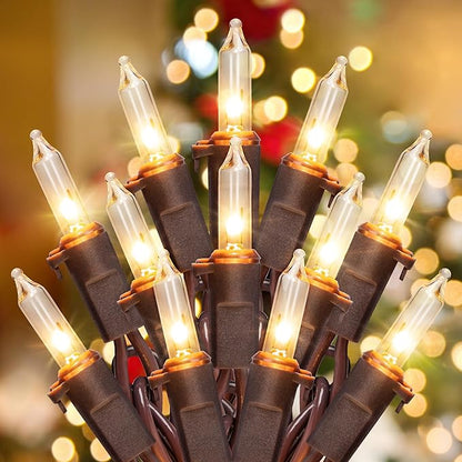 YOUNGAR 13FT 50 Clear Christmas Lights Outdoor, Approved Christmas Tree Lights with Brown Wire, Incandescent Mini Light Plug in for Indoor Outdoor Tree Patio Garden Xmas Decor