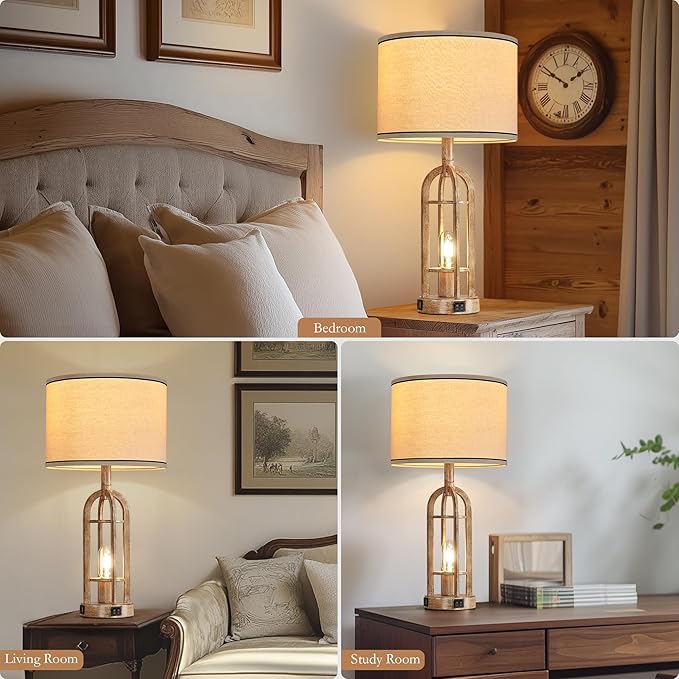 SRJJA Farmhouse Table Lamps for Living Room End Table Set of 2 - Rustic Bedside Lamps for Bedroom Nightstand with Night Light & USB A+C, Bulbs Included
