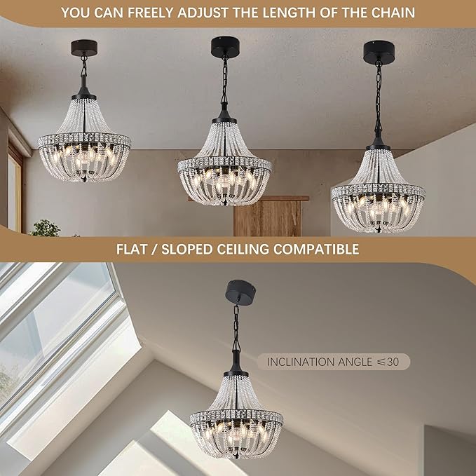 Modern Empire Crystal Chandelier Fan with 119 Square Crystal Accents, 64 Bead Strands, 7-Blade Invisible Fan, Ceiling Fan for Living Room, Bedroom, Dining Hall (Black, 20'' Modern Style)