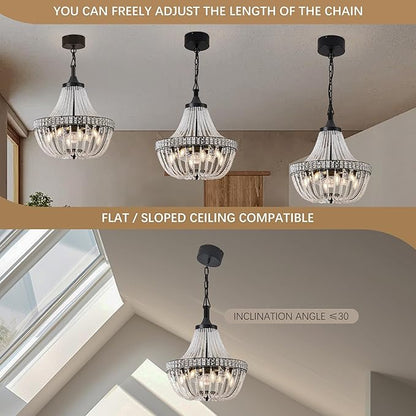 Modern Empire Crystal Chandelier Fan with 119 Square Crystal Accents, 64 Bead Strands, 7-Blade Invisible Fan, Ceiling Fan for Living Room, Bedroom, Dining Hall (Black, 20'' Modern Style)