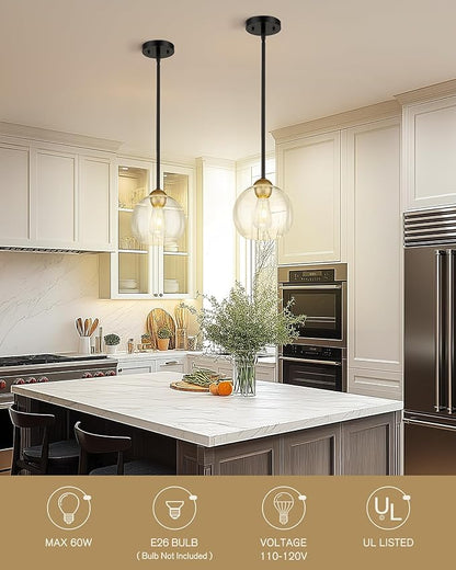 Emak Black and Gold Pendant Light, 8 Inch Globe Pendant Lights Kitchen Island with Clear Glass Shade, Modern Farmhouse Hanging Lights for Kitchen, Dining Room, Bar, PL121-BKBGD-CG