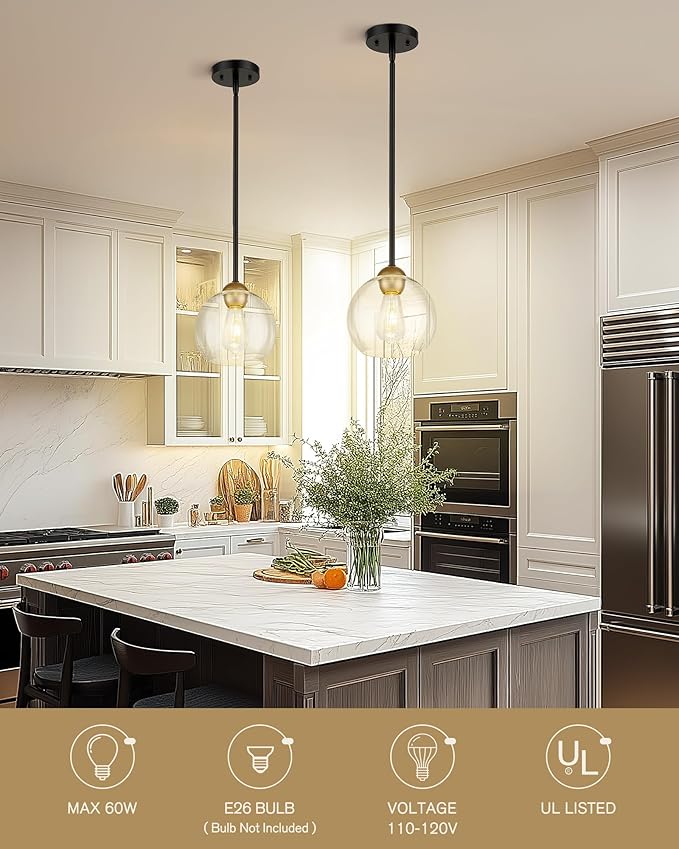 Emak Modern 8 Inch Glass Pendant Lights Kitchen Island, 2 Pack Black and Gold Pendant Light Fixtures, Farmhouse Globe Island Lights for Kitchen, Dining Room, Bathroom, PL121-BKBGD-CG-2PK