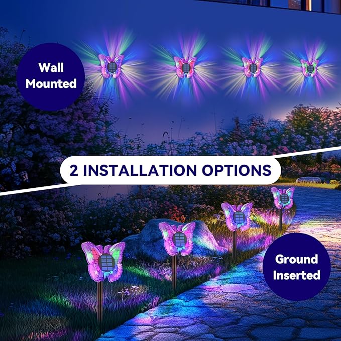 Solar Butterfly Lights Outdoor-Color-Changing 3D Glow-2-in-1 Wall & Ground-Butterfly Lights for Outside-Waterproof Garden Decorations for Patio Lawn Yard Fence Backyard Decor (6 Pack)