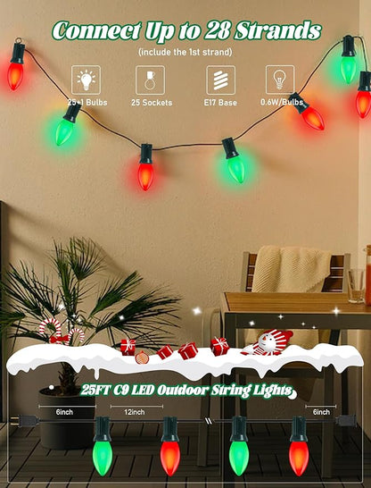 25Ft C9 LED Christmas Lights Outdoor, C9 Red and Green Christmas String Lights with 26 LED Shatterproof Bulb, Hanging Vintage Christmas Lights for Patio Xmas Tree Roofline Wedding Party Backyard Decor